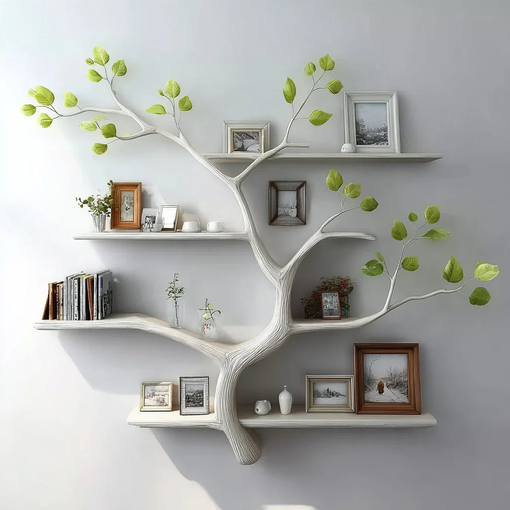 Tree-shaped floating bookshelf with green leaves, holding books, framed photos, and decor items.