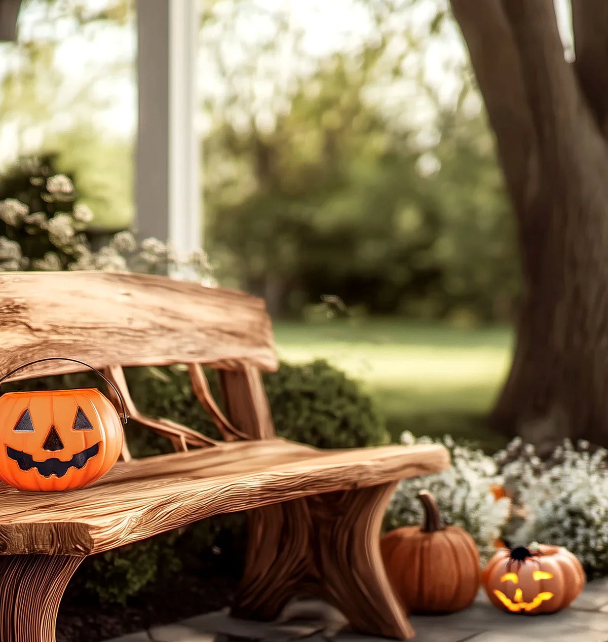 Live edge wooden bench on porch with carved pumpkin decorations and autumn flowers