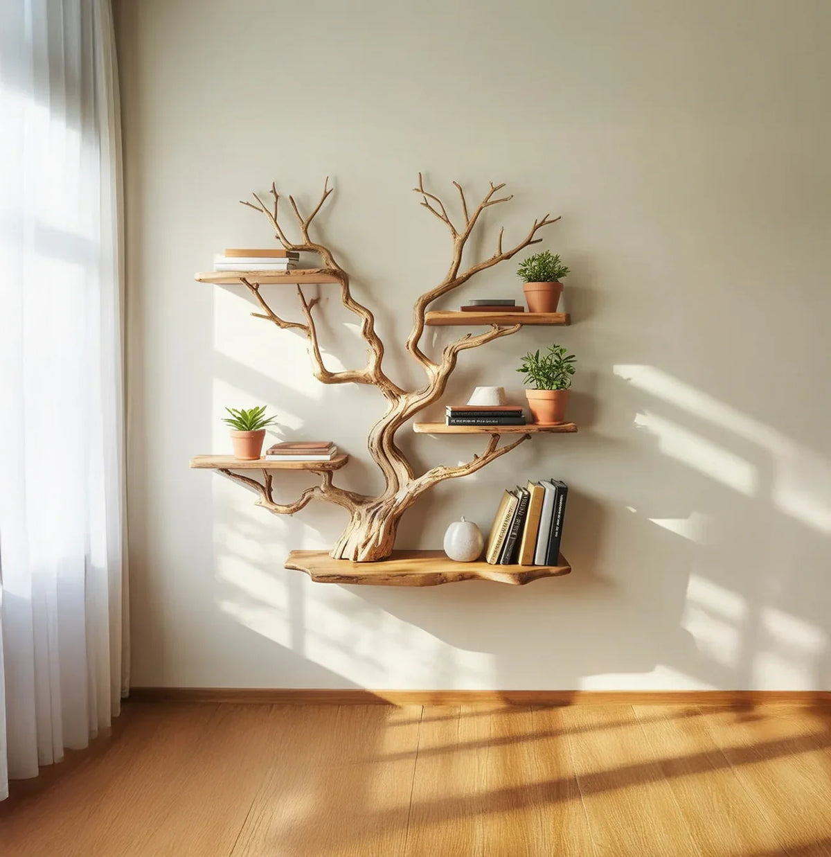 Wood tree bookshelf with live edge shelves, potted plants, and books on a light wall