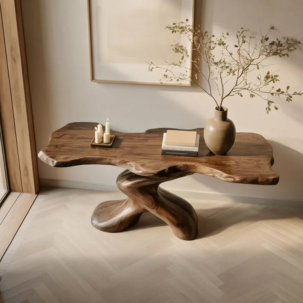 Live edge solid wood console table with sculptural base, minimalist decor, natural light