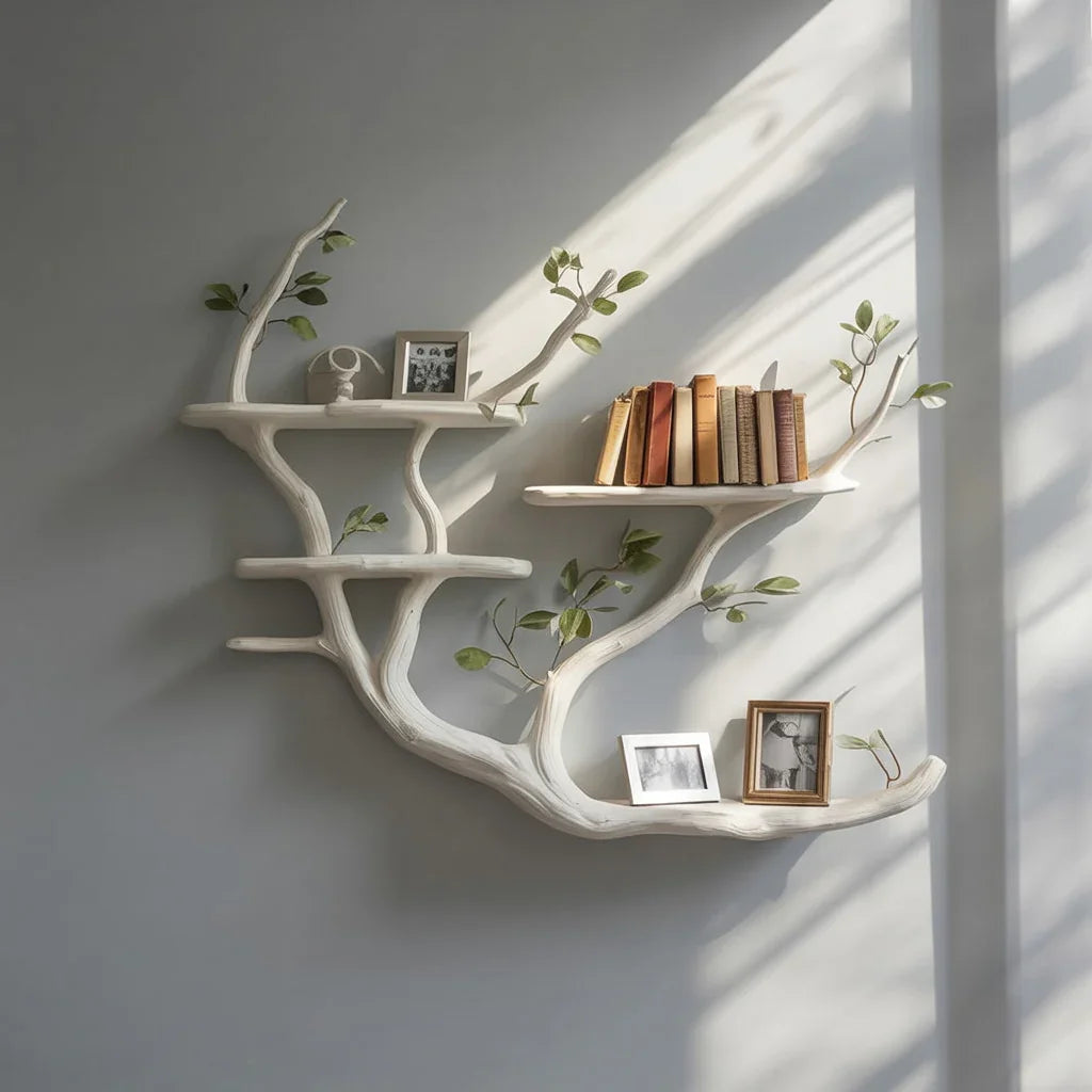 Tree branch wall bookshelf with floating shelves, books, photo frames, and leaf accents