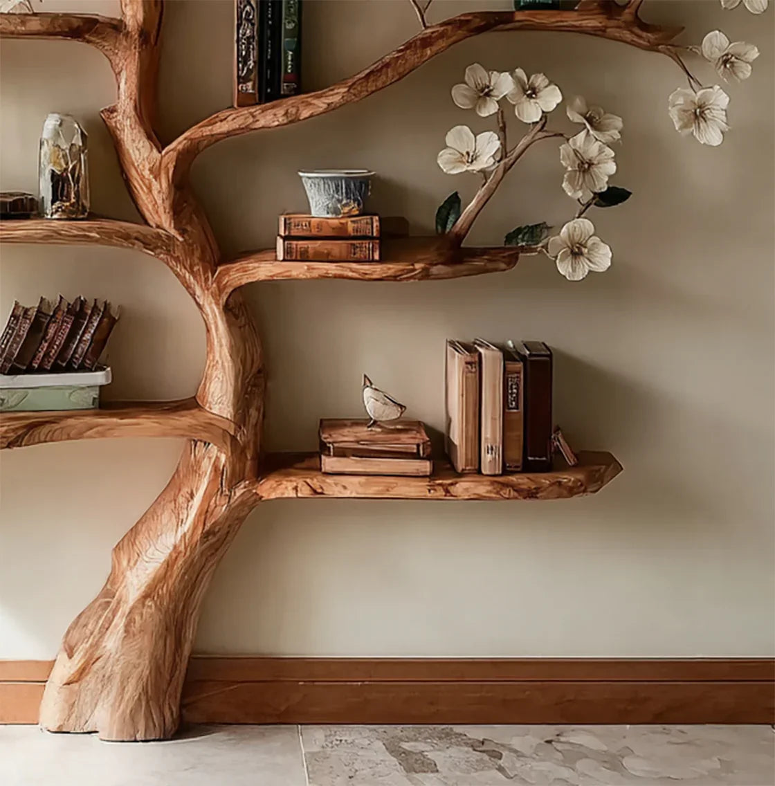 Unique tree-shaped wooden bookshelf with vintage books, decorative bird, ceramic pot, and flower accents