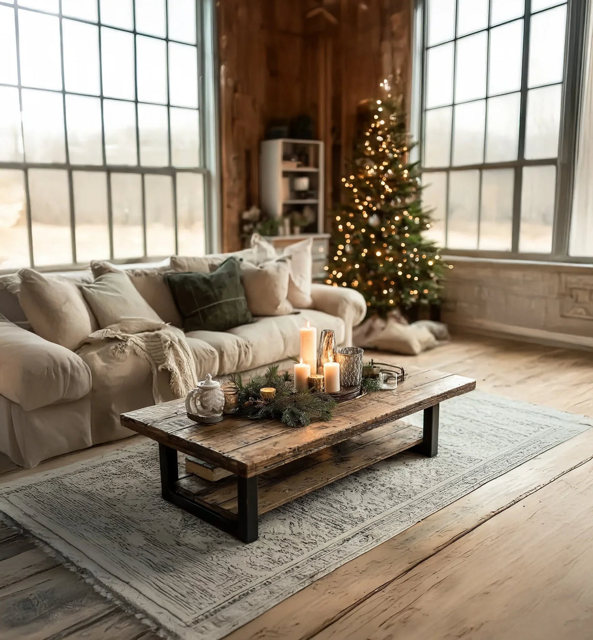 Cozy living room with beige sofa, wooden coffee table with candles and greenery, and decorated Christmas tree