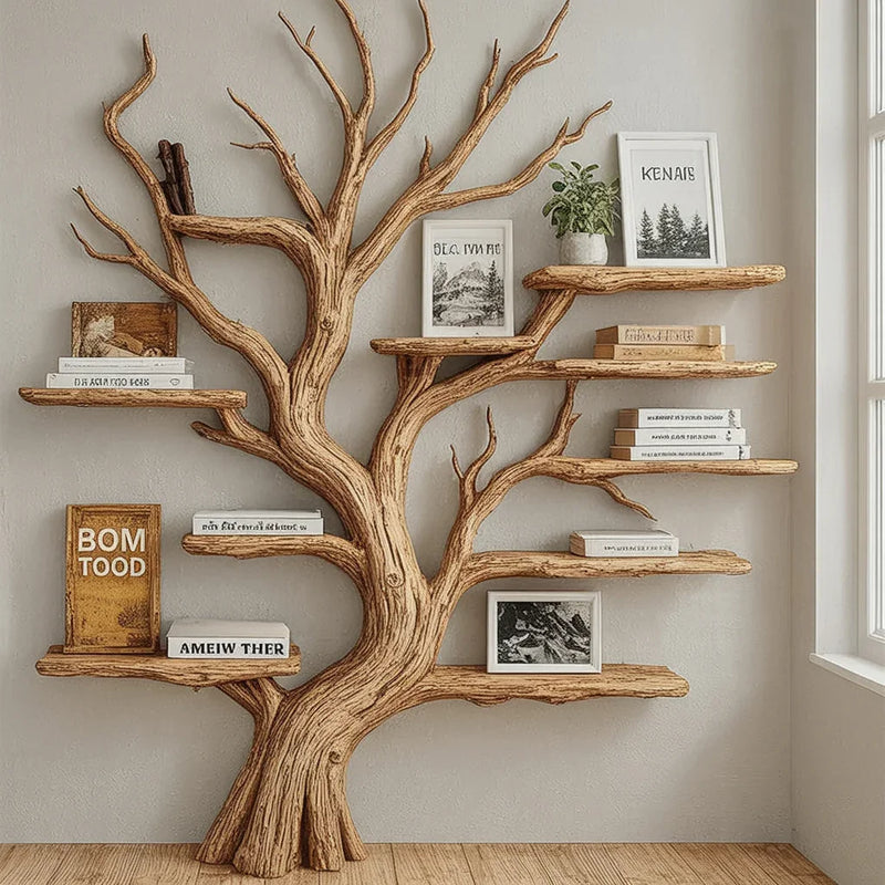 Wall-mounted wooden tree-shaped bookshelf with books, framed pictures, and a potted plant by a window