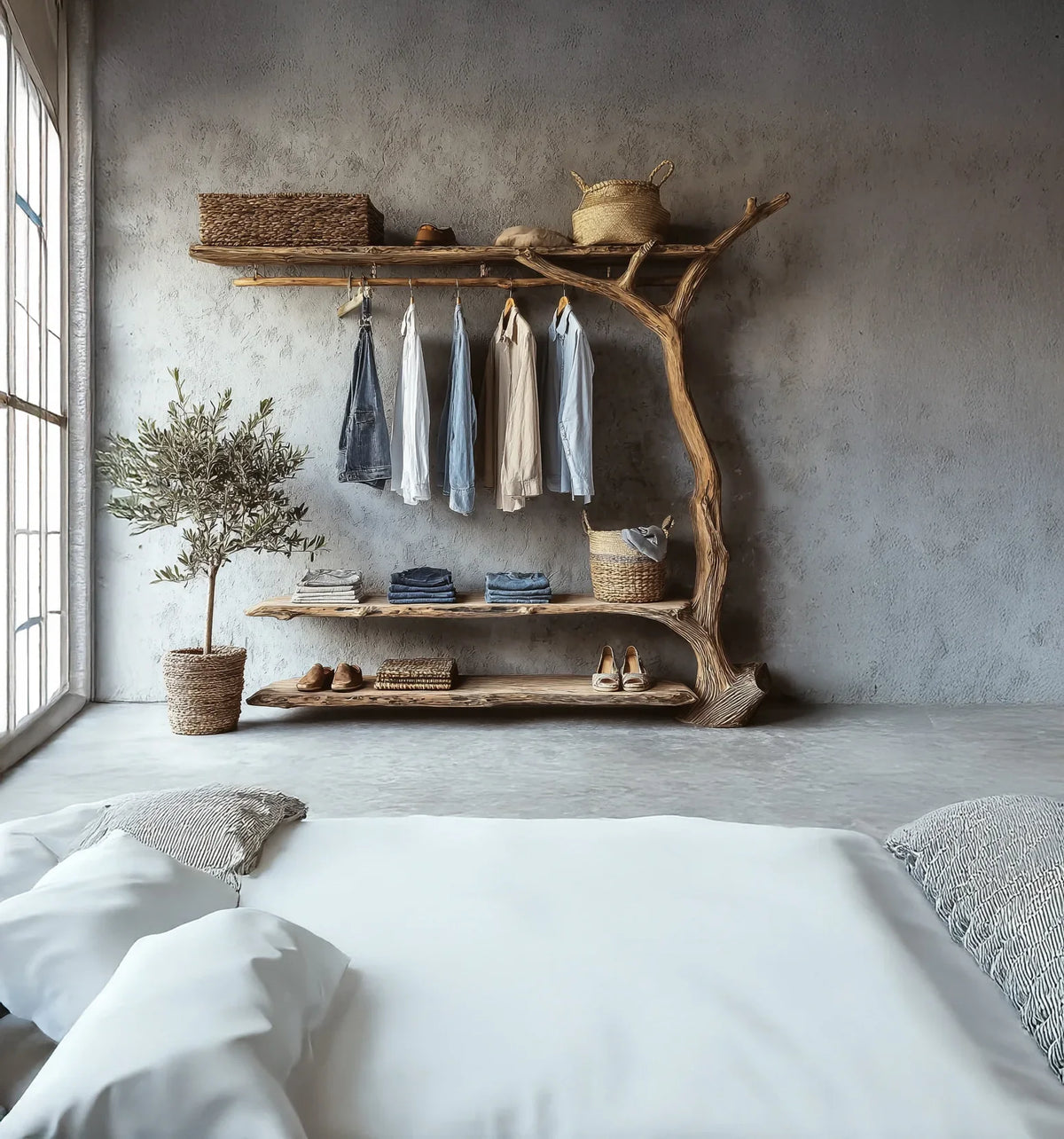 Live edge wooden tree bookshelf used as open closet in a modern minimalist bedroom