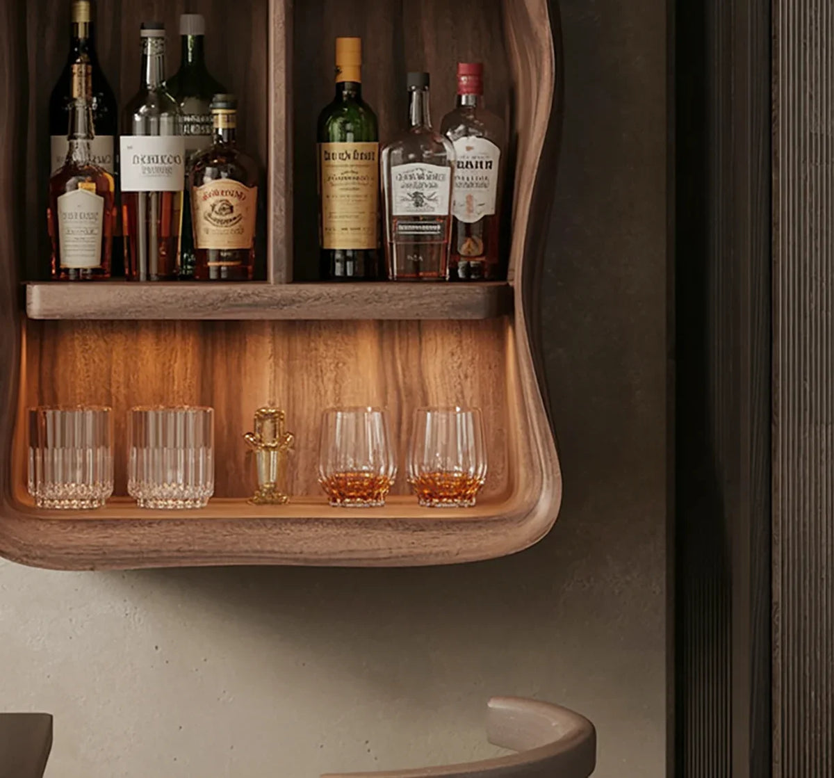 Live edge floating wooden bar shelf with bottles, whiskey glasses and LED lighting
