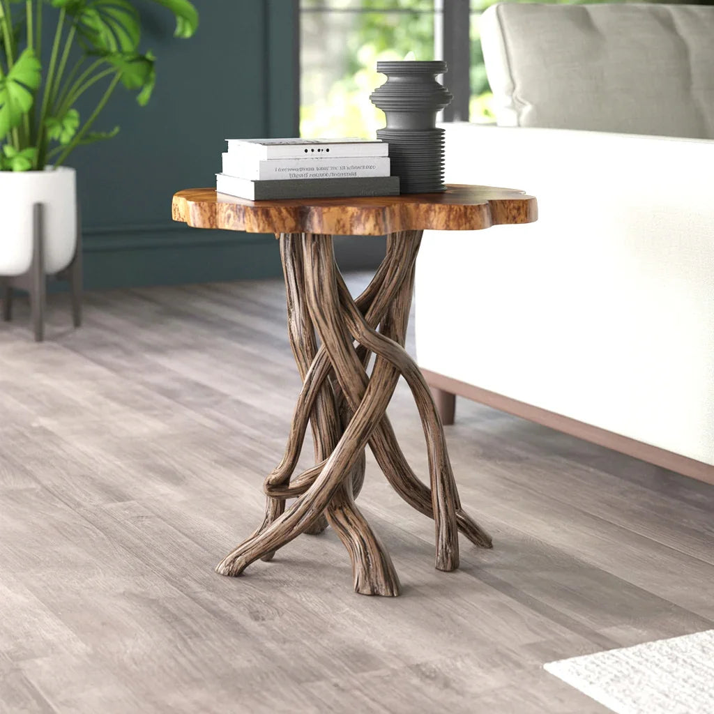 Live edge wood side table with twisted branch legs in modern living room