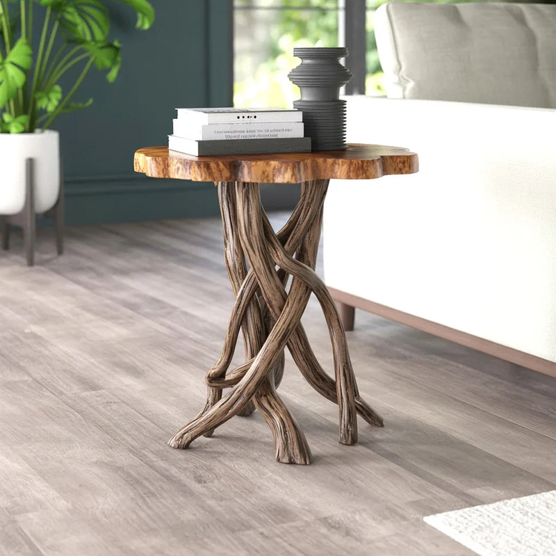 Live edge wood side table with twisted branch legs in modern living room