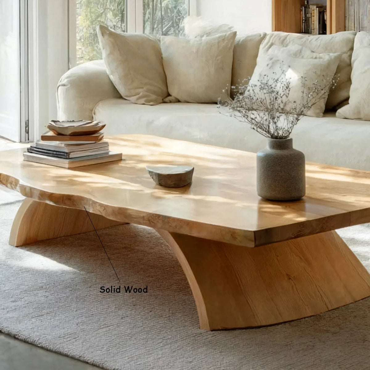 Solid wood live edge coffee table in modern living room with neutral sofa and decor