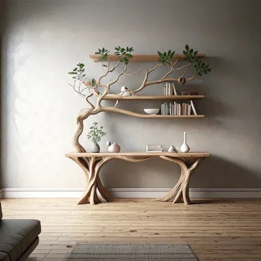 Live edge tree bookshelf with floating shelves, solid wood, modern sustainable furniture