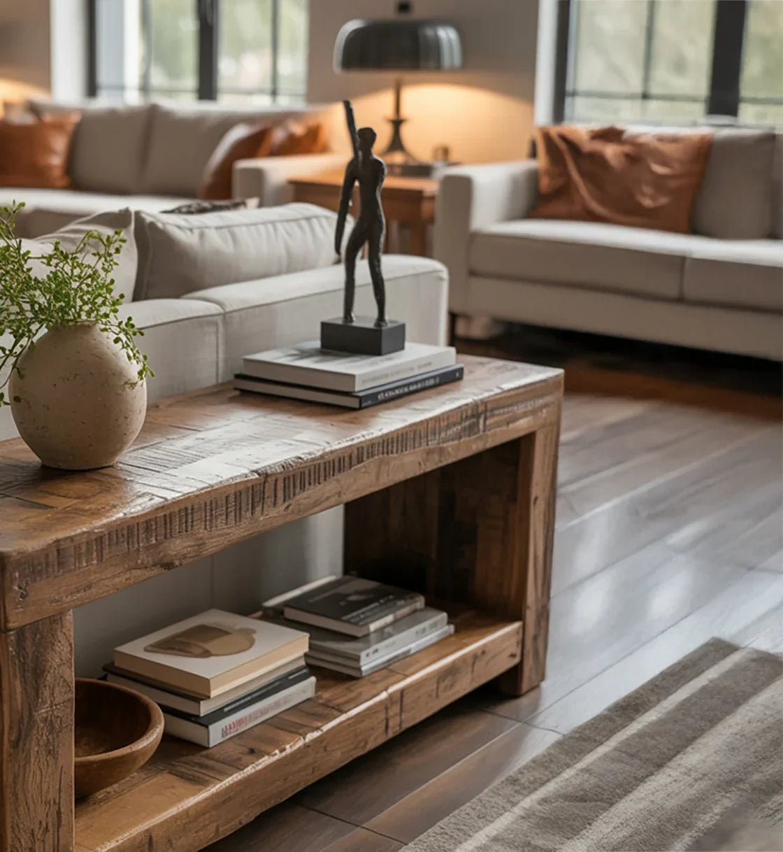 Rustic wooden coffee table with books, decorative statue, and plant in stylish living room with beige sofas