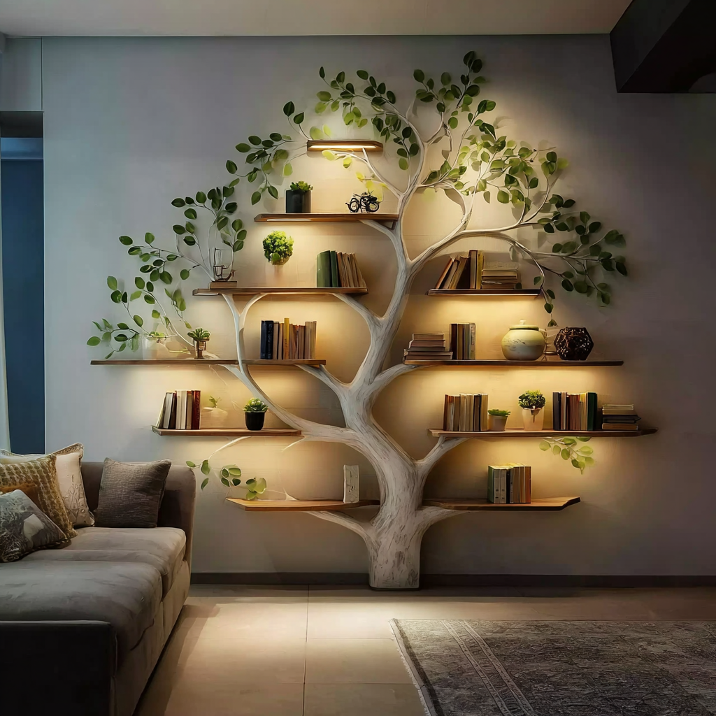 Creative tree-shaped wooden bookshelf with green leaves, books, and decorative plants in cozy living room