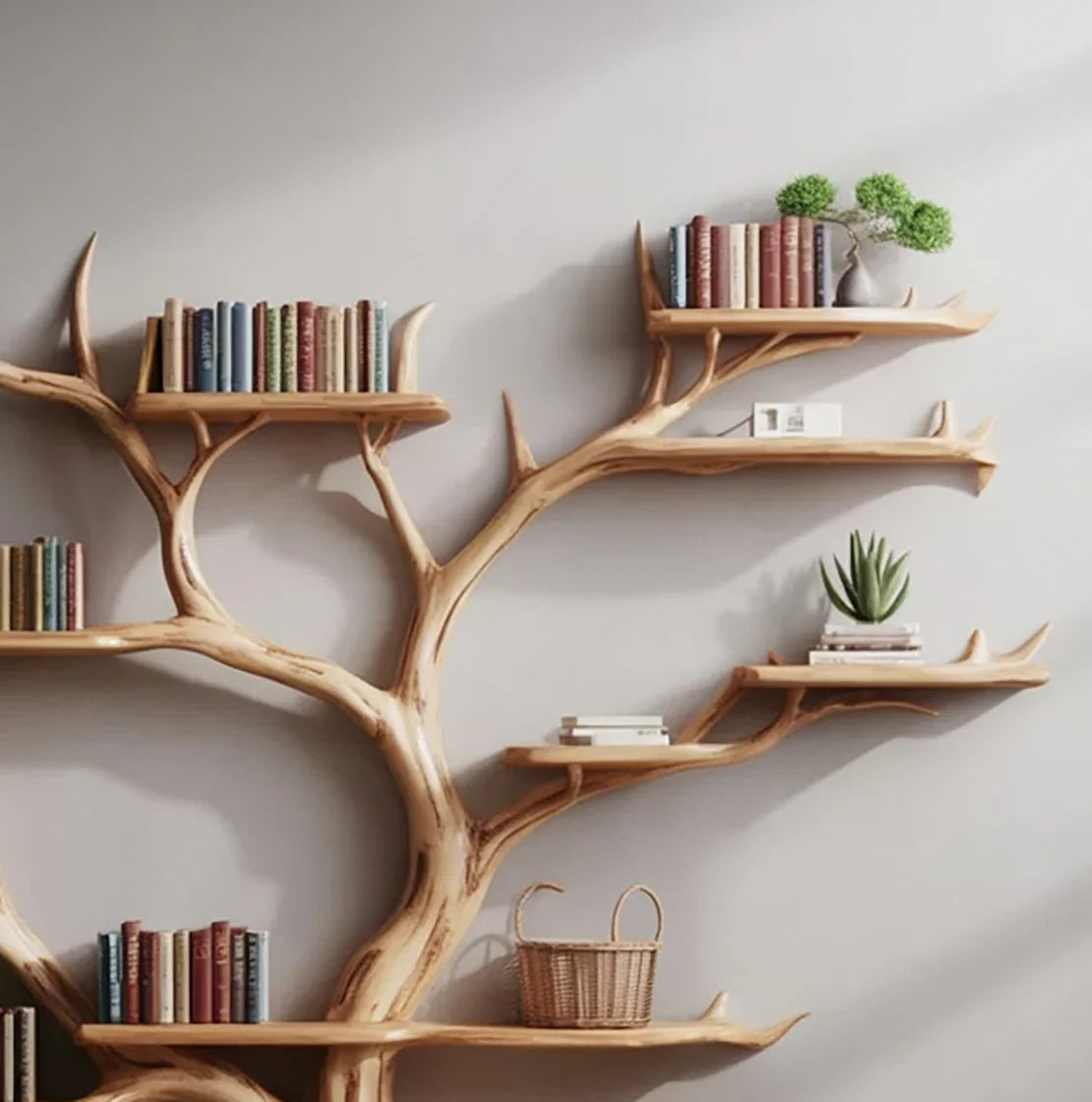 Tree branch wooden wall shelves holding books, wicker basket, and small potted plants