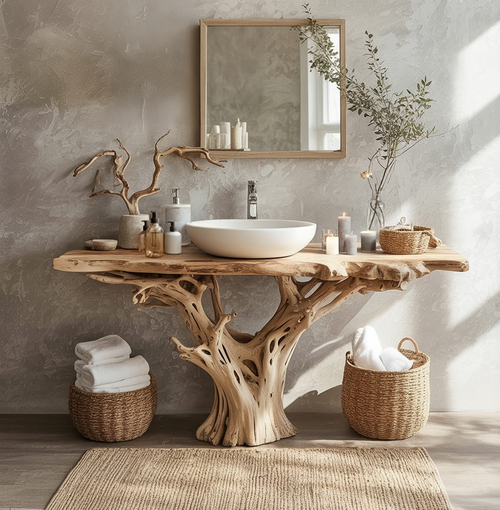 Live Edge Floating Vanity with Vessel Sink – Solid Walnut Bathroom Vanity, Farmhouse Mirror Console Table
