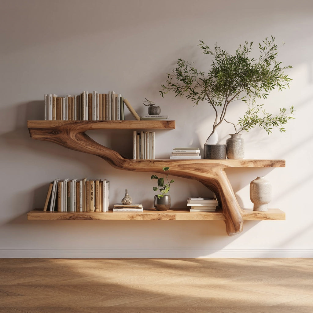 Live Edge Tree Branch Wall Shelf – Handmade Solid Wood Floating Shelf Decor