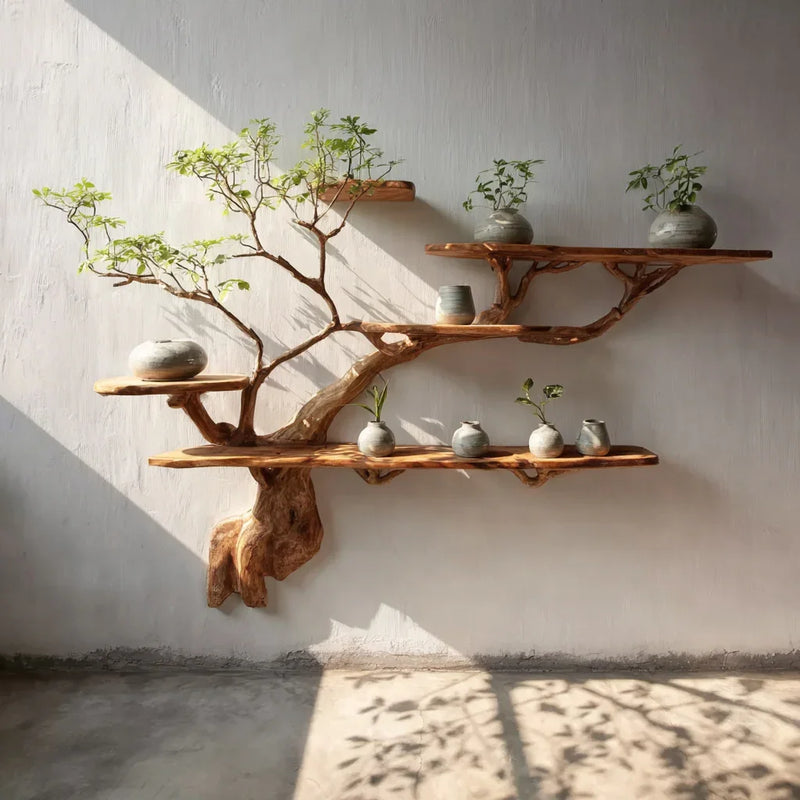 Wooden wall shelf with organic tree branch design holding ceramic pots and small plants against white wall