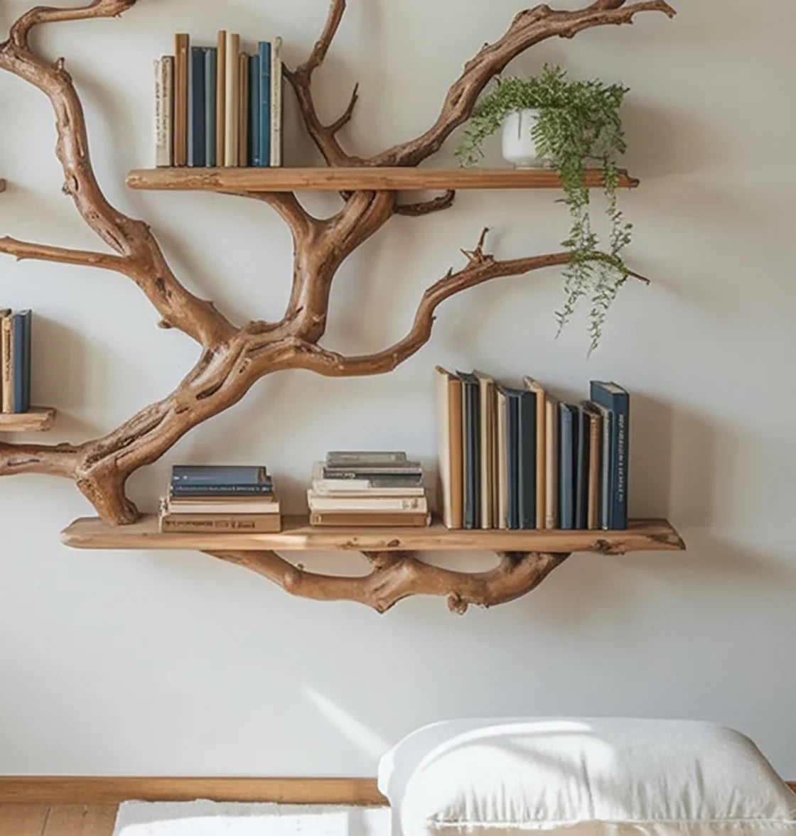 Natural wood branch bookshelf with books and a hanging green plant in a minimalist room