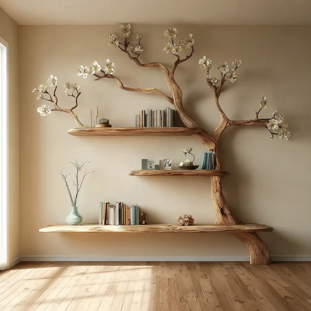 Artistic wooden tree bookshelf with blooming white flowers, books, and decorative items in minimalist room