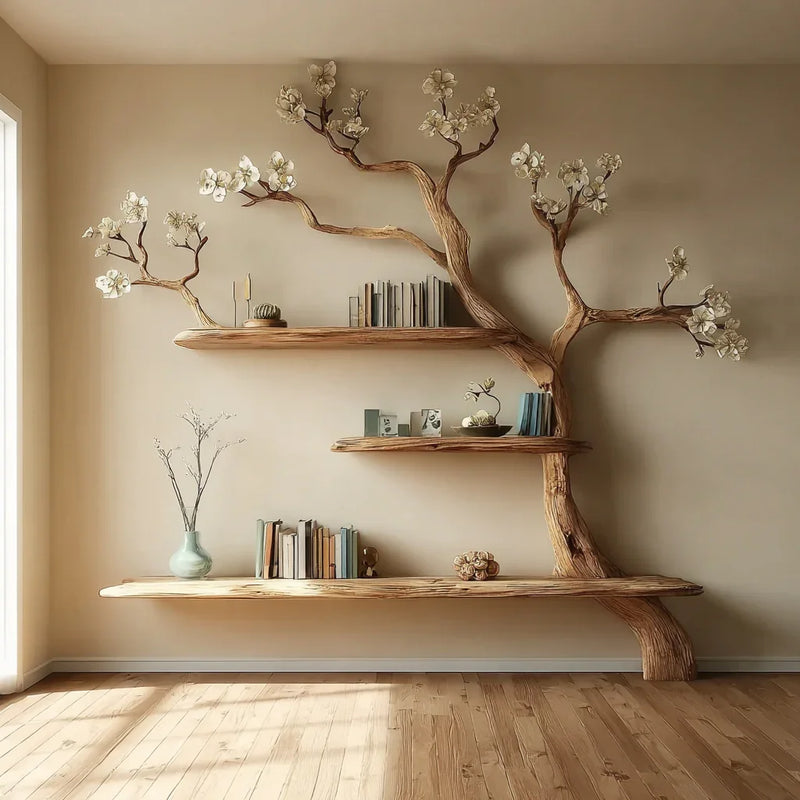 Artistic wooden tree bookshelf with blooming white flowers, books, and decorative items in minimalist room