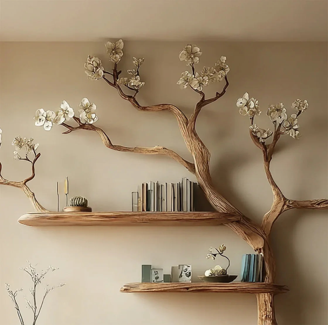 Unique wooden tree branch shelves with books and decorative items mounted on beige wall