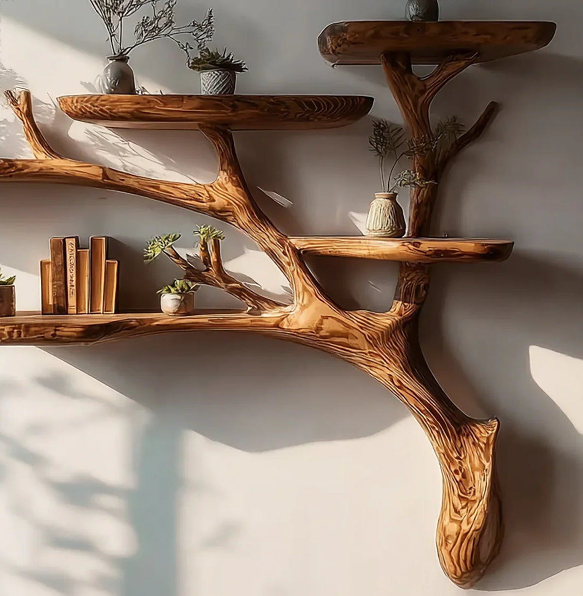 Natural wood tree-branch wall shelf with books and potted plants in soft sunlight