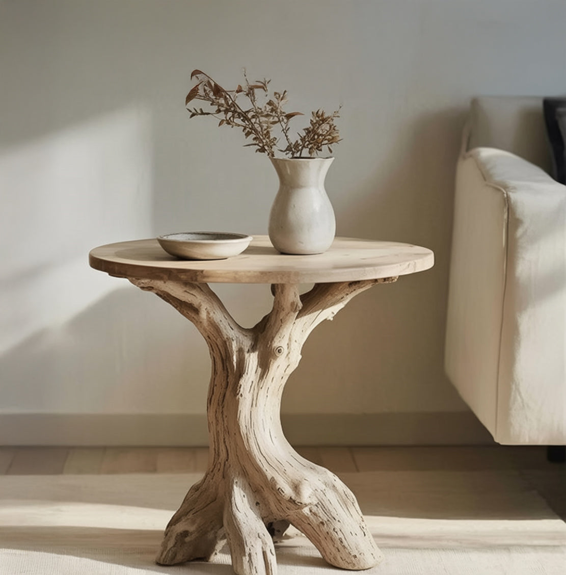 Rustic wooden side table with tree trunk base, ceramic vase with dried branches, and a bowl in a minimalist living room
