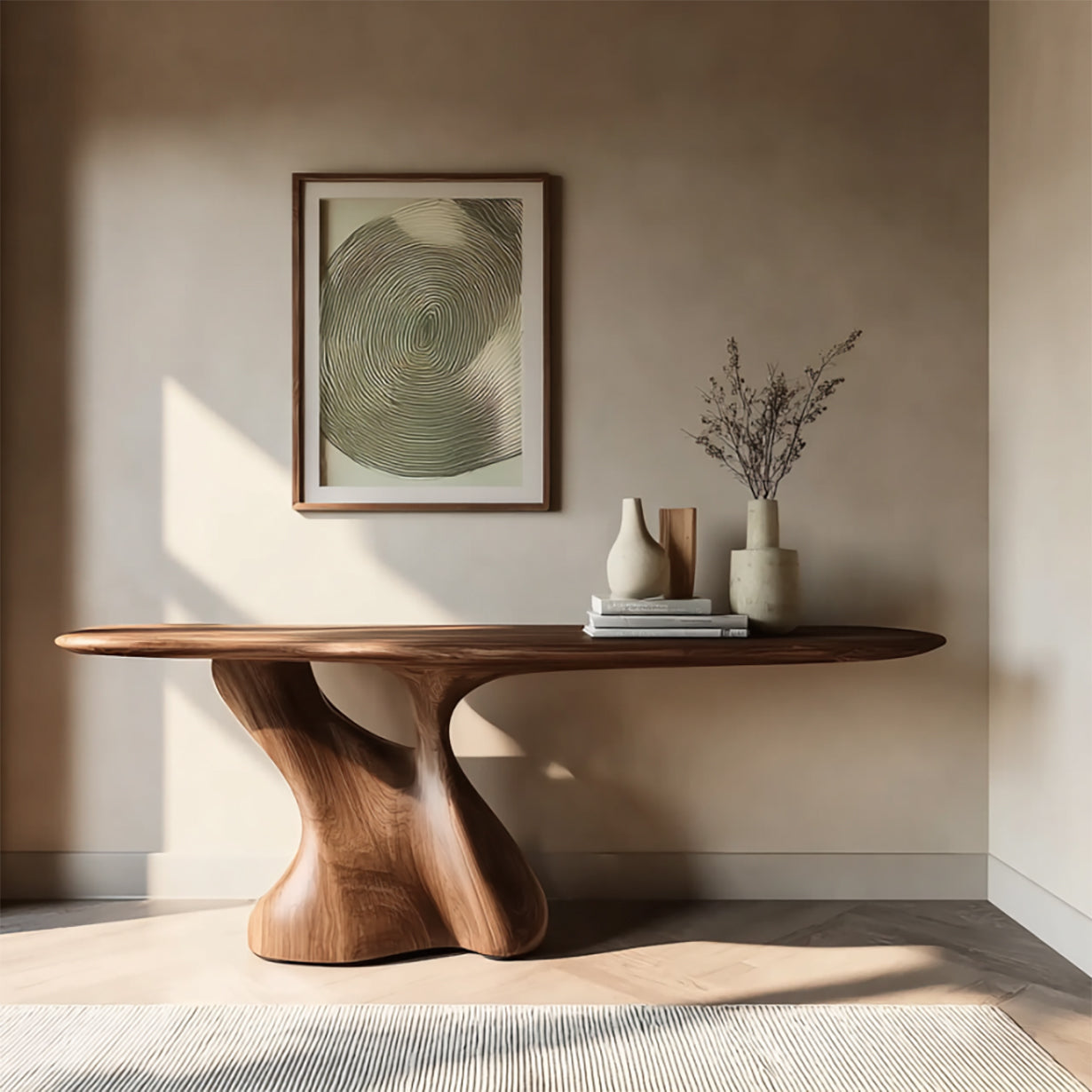 Modern sculptural wooden table with ceramic vases and books in minimal beige room with abstract art