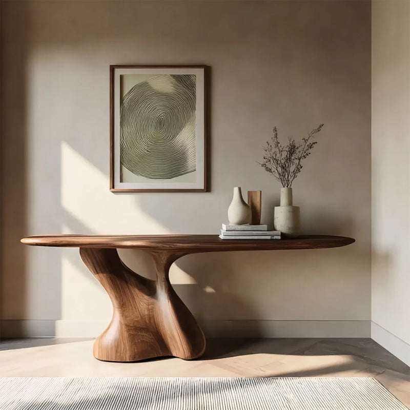 Modern sculptural wooden table with ceramic vases and books in minimal beige room with abstract art