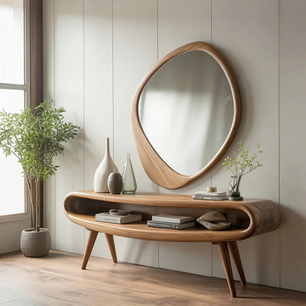 Modern wooden console table with decorative vases and books, paired with an organic-shaped wooden mirror