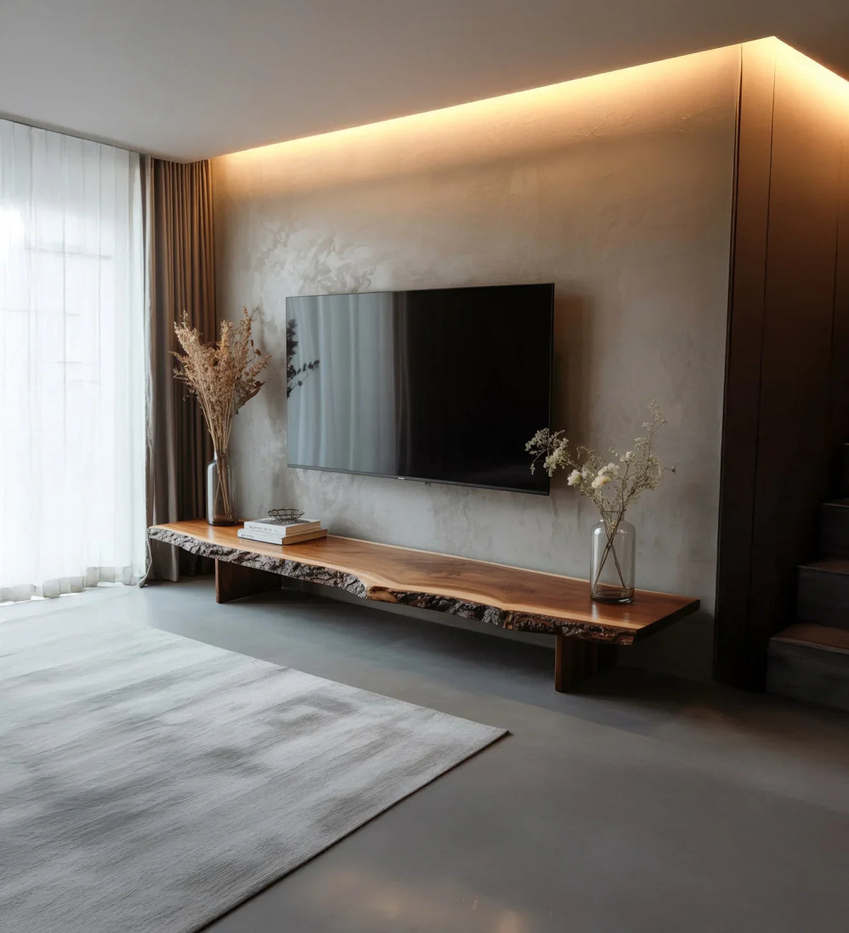 Minimalist living room with wall-mounted TV, natural live edge wood console, dried floral decor, and soft lighting