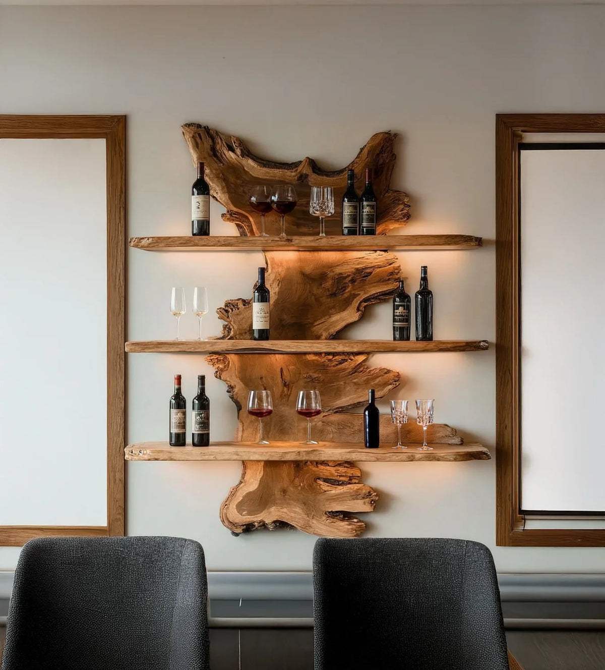 Live edge wood floating shelves displaying wine bottles and glasses against a wall