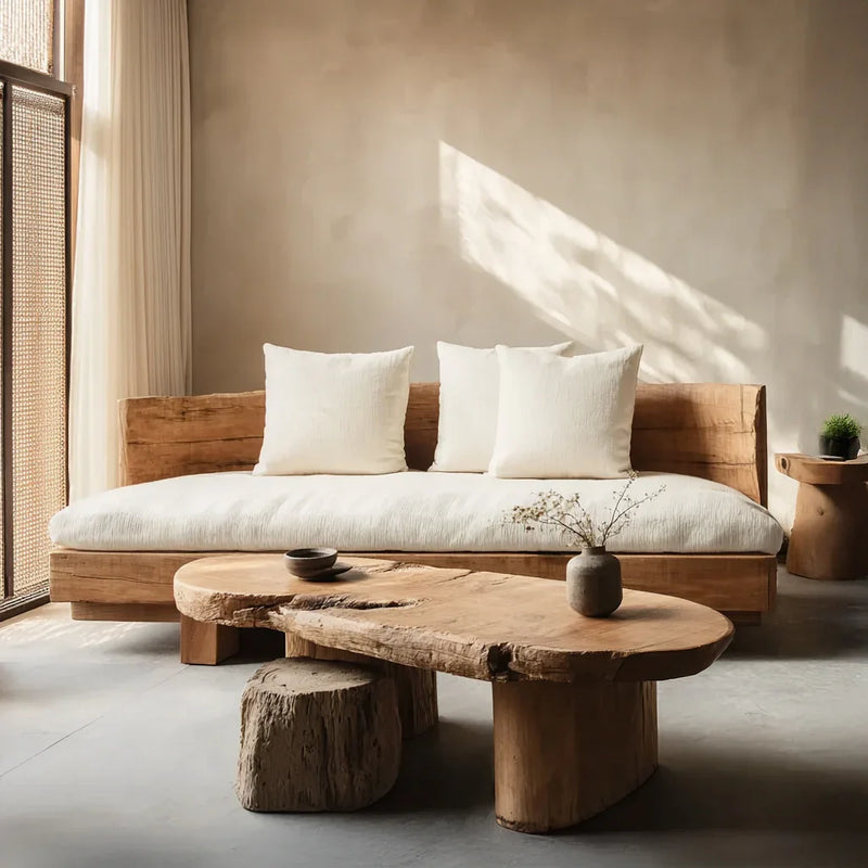 Solid wood live edge coffee table and sofa with white cushions in a minimalist living room