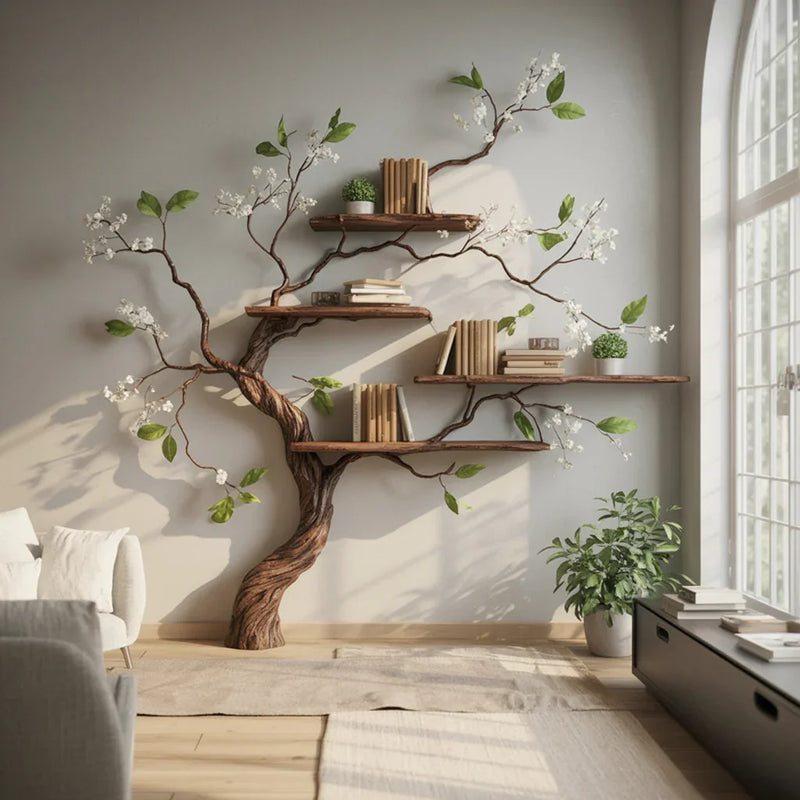 Tree-shaped bookshelf with solid wood shelves, books, and plants in a sunlit living room