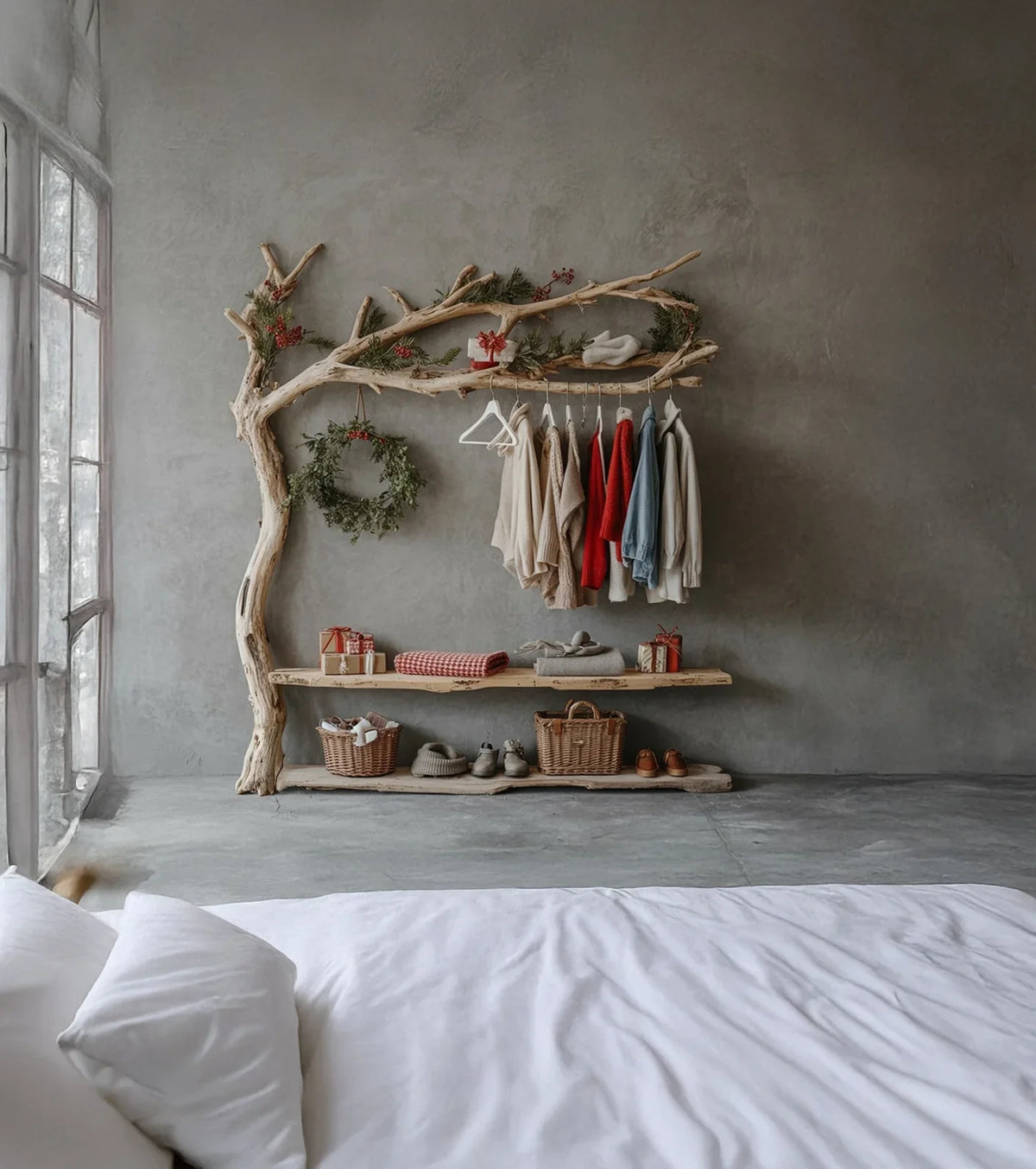 Minimalist bedroom with white bed and rustic wooden clothing rack decorated with winter clothes and holiday wreath