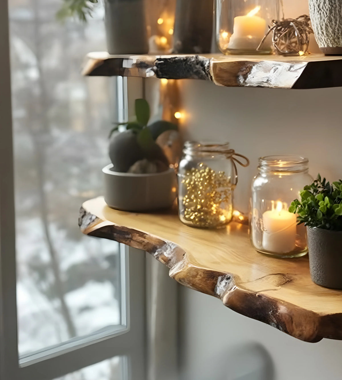 Rustic wood shelves with candles in glass jars, string lights, and potted greenery near a window
