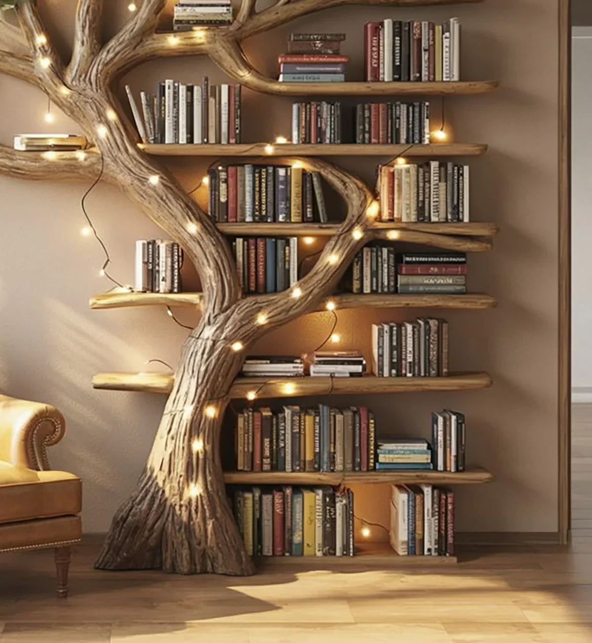 Tree-shaped wooden bookshelf with books and string fairy lights in cozy reading corner