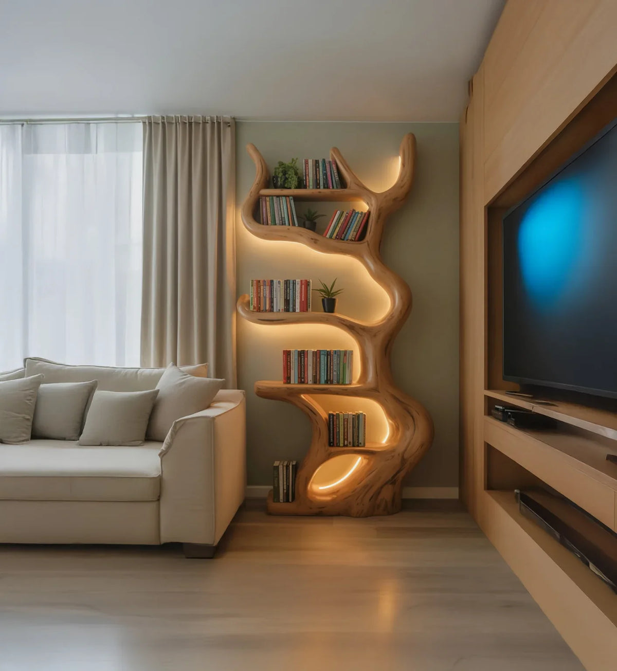 Modern living room with beige sofa, custom wooden tree-shaped bookshelf with warm LED lighting and flat-screen TV