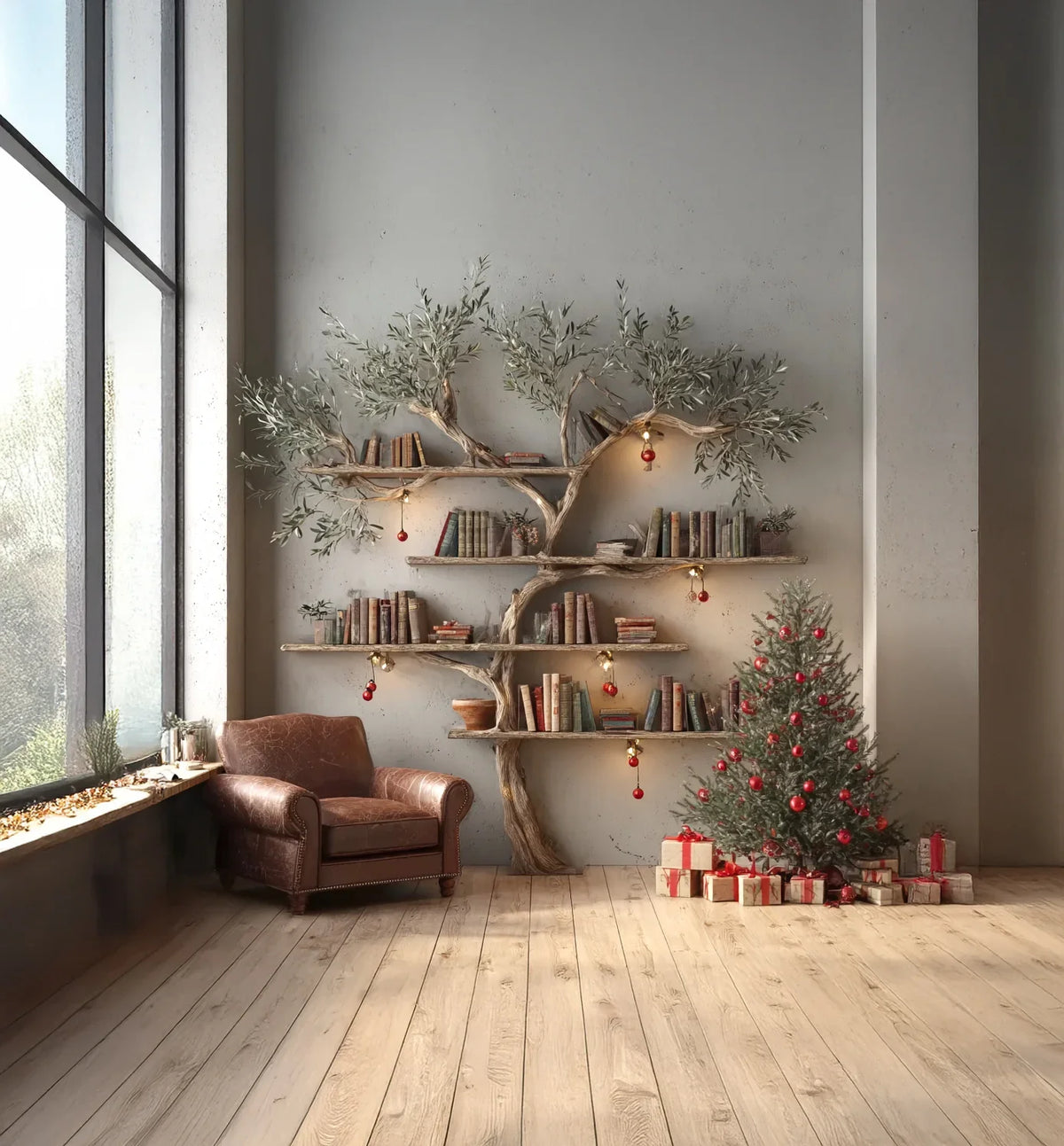 Solid wood tree bookshelf with books and ornaments, next to armchair and decorated Christmas tree