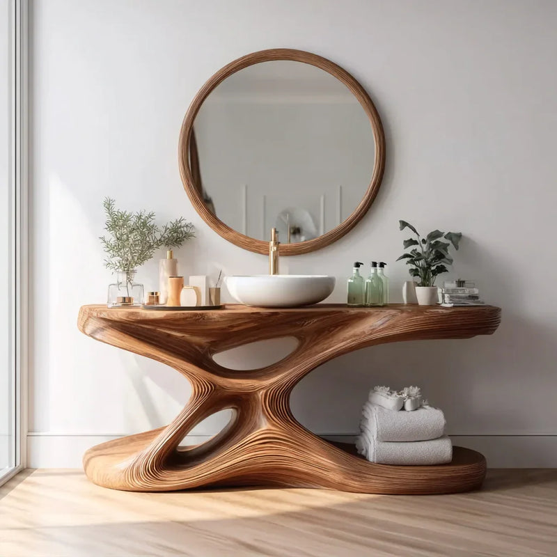 Modern bathroom vanity with sculpted wooden base, round mirror, white vessel sink, and decorative plants