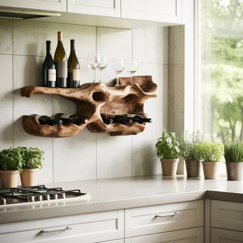 Live edge wood wine rack with bottles and glasses mounted on modern kitchen wall above countertop with potted herbs.