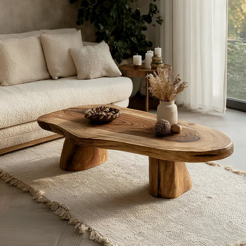 Living room with natural wood coffee table, beige textured sofa, dried plants, and candles on side table