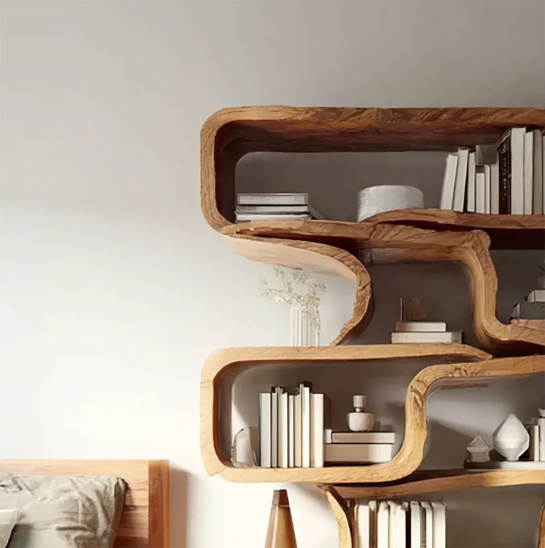 Curved wooden shelves with books and decorative items in a modern minimalist bedroom setting