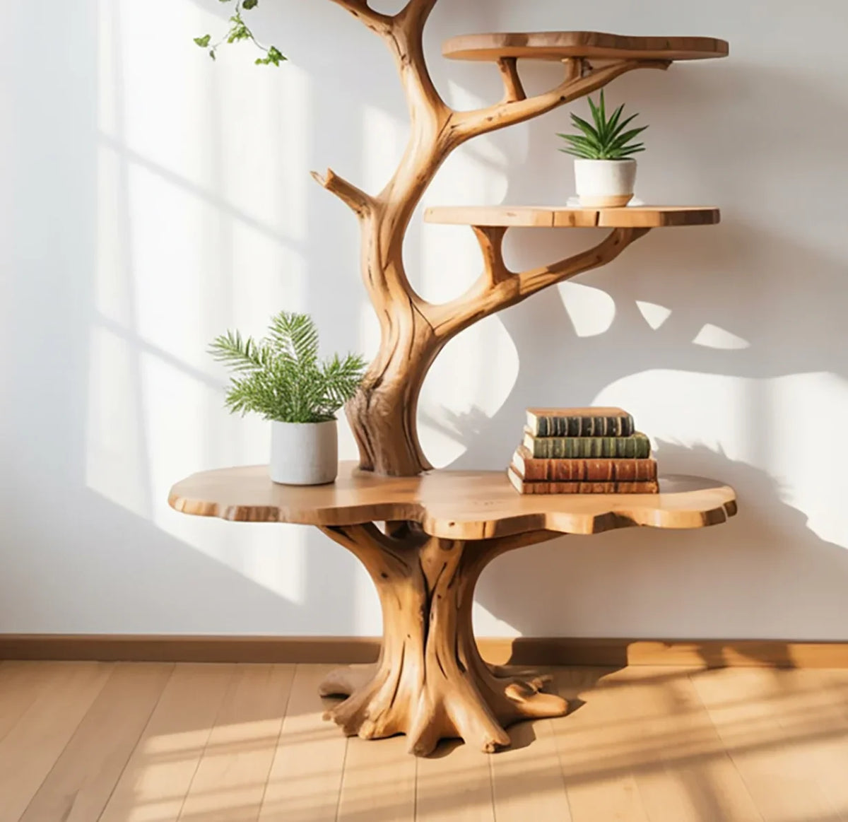 Tree bookshelf with live edge wood shelves holding potted plants and books in a sunlit room.