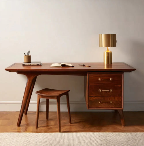 Mid-Century Modern Solid Wood Desk – Elegant Writing Table with Brass Accents