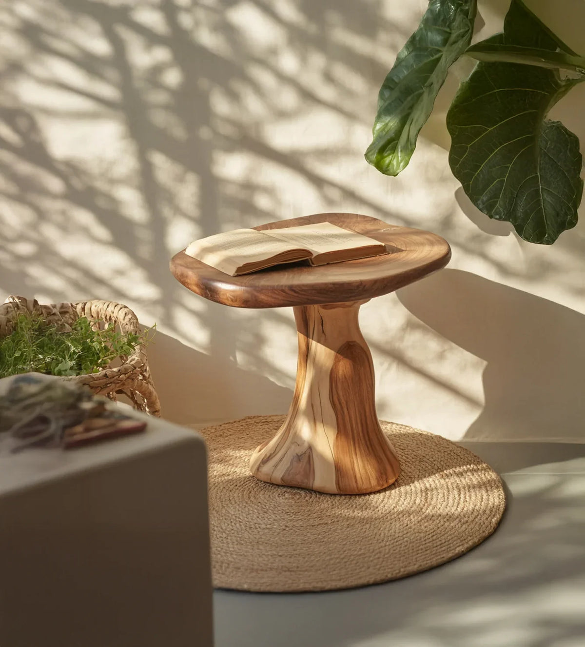Organic wood side table with open book on round woven rug in sunlit room with plant shadows