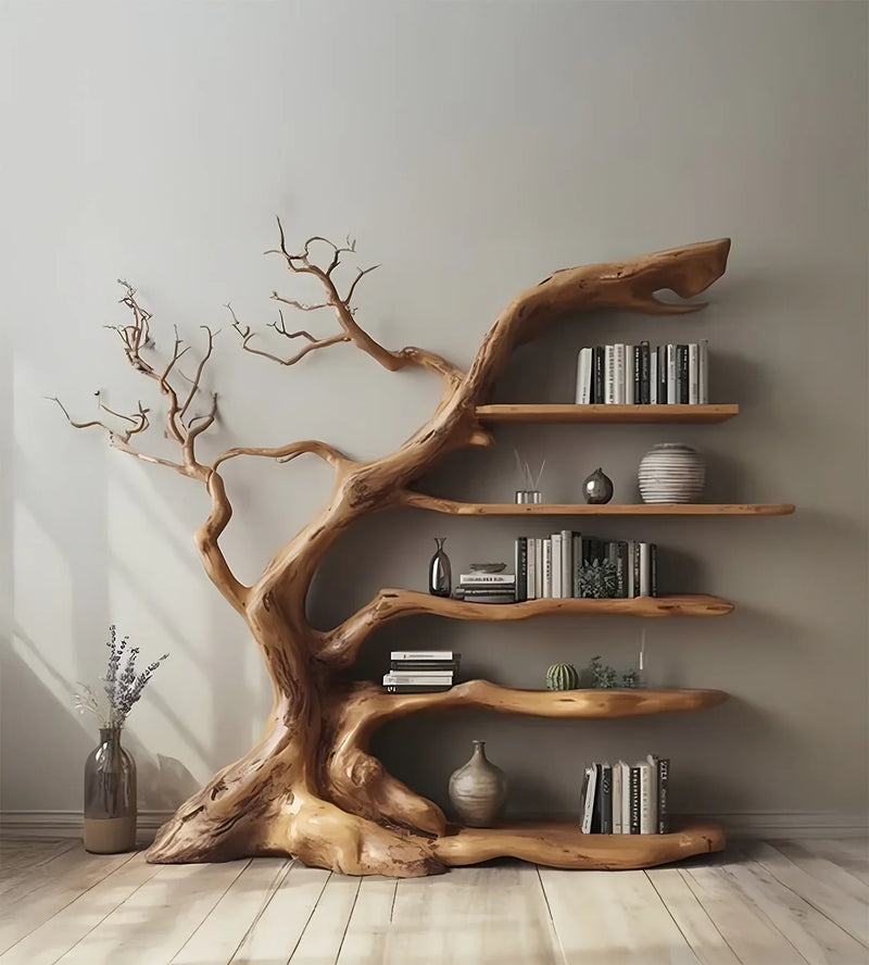 Unique wooden bookshelf shaped like a tree with books and decorative items in a minimalist room