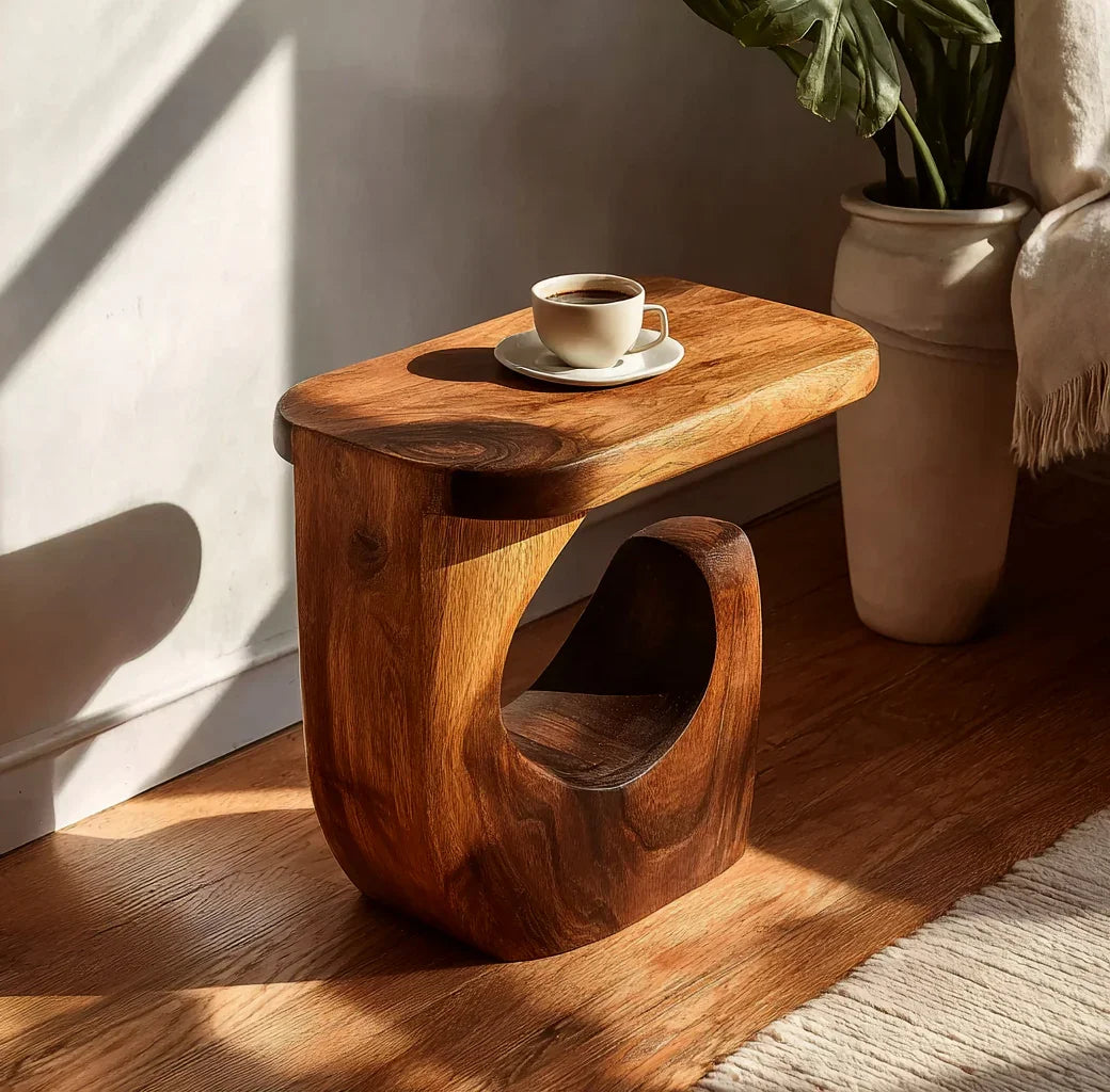Modern wooden side table with unique curved design and coffee cup in sunlit room with plant
