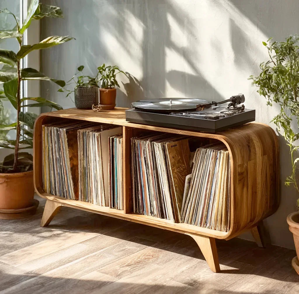 Solid wood record player stand with built-in vinyl storage in a modern room