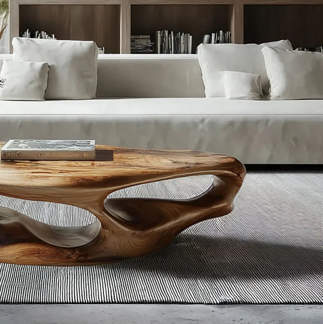 Live edge solid wood coffee table with organic curves in modern living room