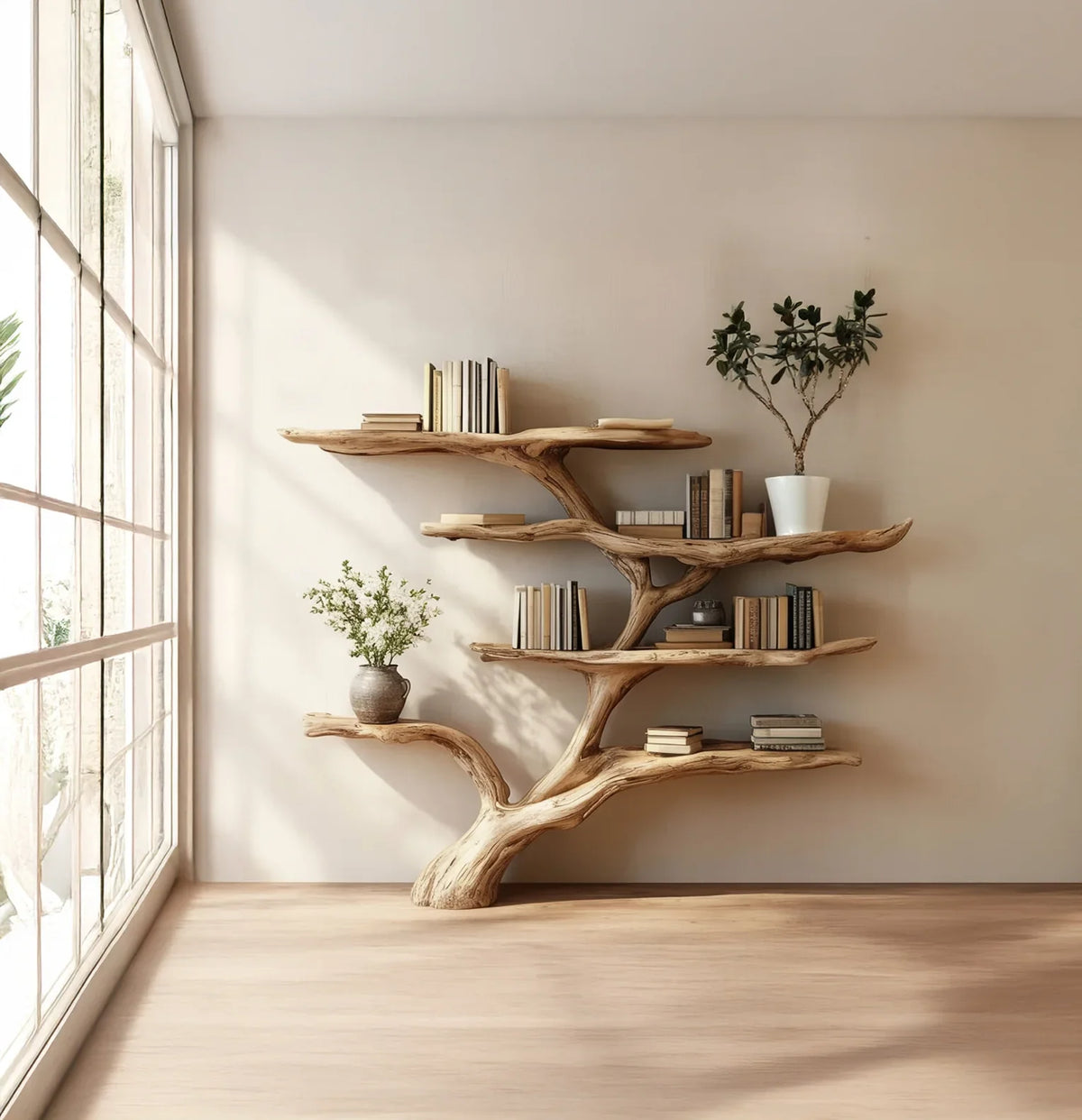 Modern natural wood bookshelf shaped like a tree with books and plants in a bright room